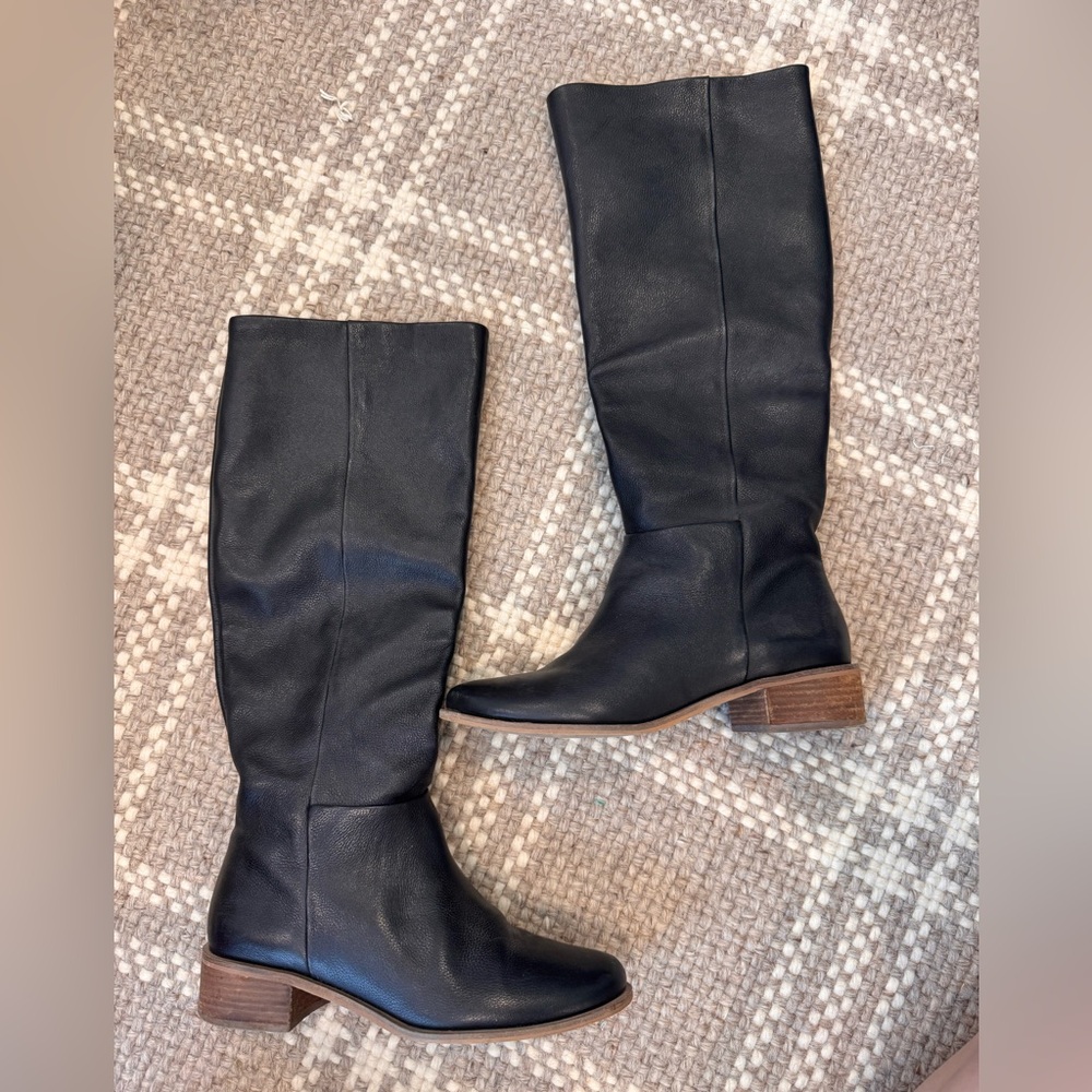 Corso Como Black Leather Knee-High Riding Boots with Brown Stacked Heel